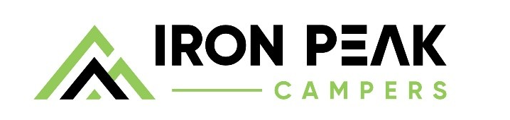 Logo for "Iron Peak Campers" featuring a stylized green and black mountain graphic to the left and the company name in bold black and green text on a white background.
