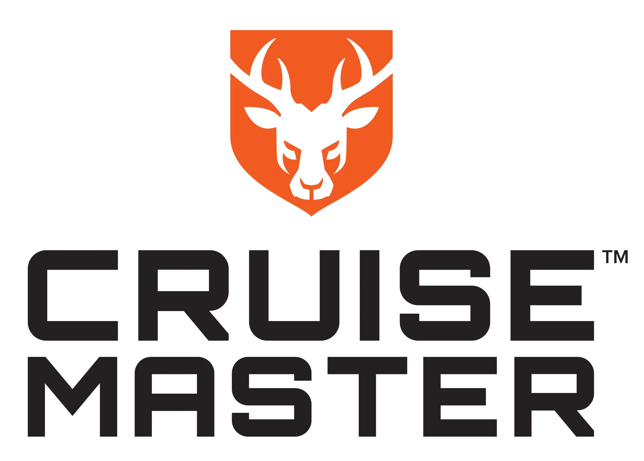 Logo with an orange shield featuring a white stylized deer head above the words "CRUISE MASTER" in bold black letters, symbolizing off-road quality.