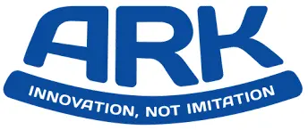 Blue "ARK" logo in bold letters with a curved underline. Below the underline, the slogan "INNOVATION, NOT IMITATION" appears in white capital letters on a blue background.